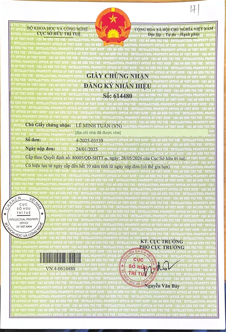 Giấy chứng nhận đăng ký nhãn hiệu TUẤN THẦY THUỐC · số 614480