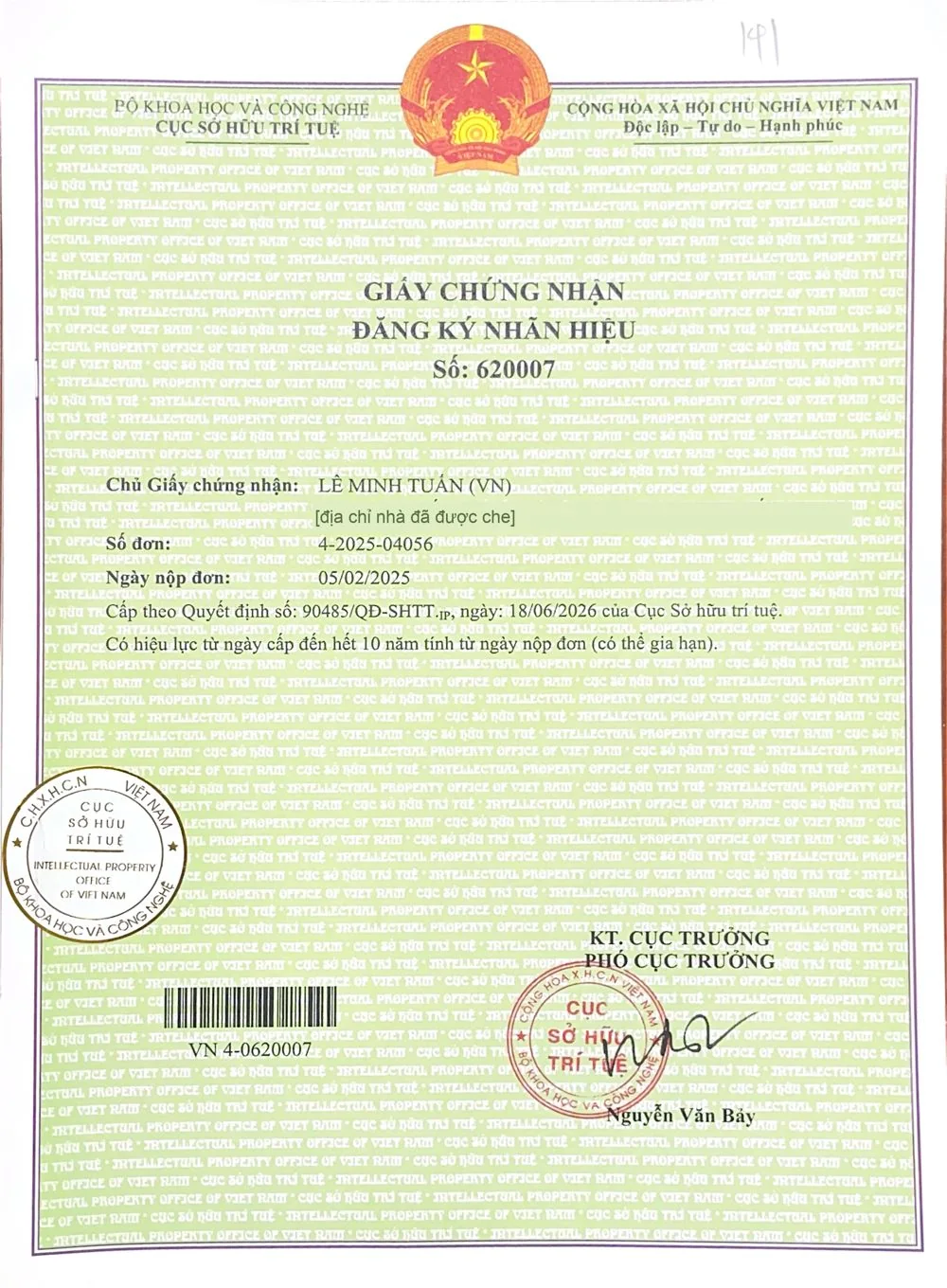 Giấy chứng nhận đăng ký nhãn hiệu LÊ MINH TUẤN · số 620007
